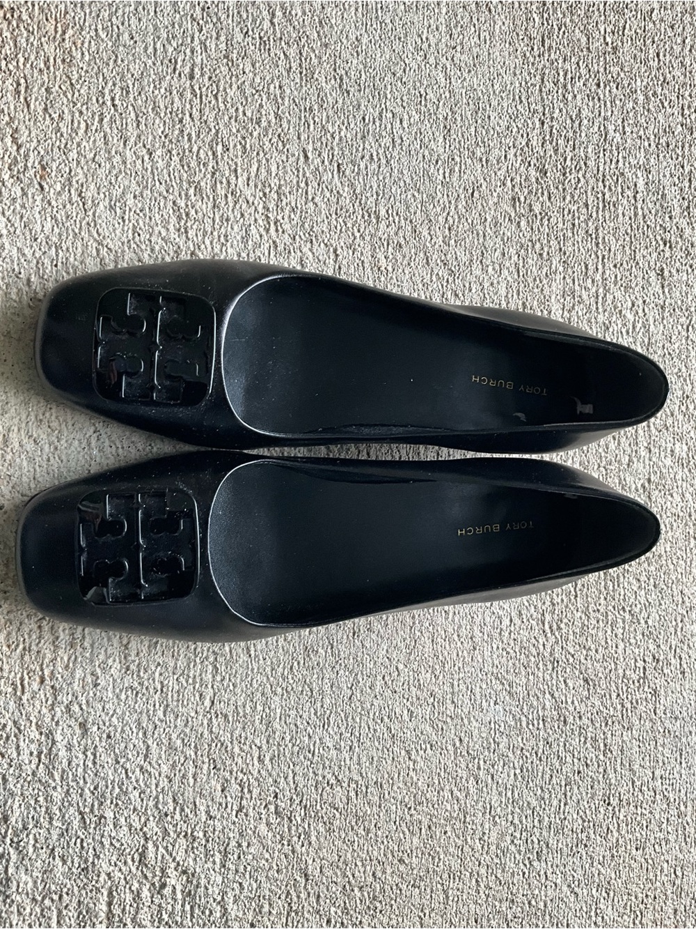 Tory Burch Black Patent Square-Toe Logo Ballet Flats